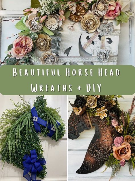 21 Beautiful Horse Head Wreaths + DIY Ideas - Pink Pop Design Diy Horse Head Wreath, Horse Head Wreath Pattern, How To Make A Horse Head Wreath, Diy Horse Wreath, Horse Wreaths For Front Door, Horse Head Wreath Tutorial, Horsehead Wreath, Horse Wreath, Winter Flower Arrangements