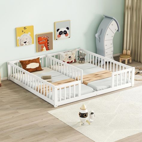 Kids Bed With Rails, Baby Boy And Girl Shared Room, Montessori Bed Boy, Boy And Girl Nursery Shared Room Ideas, 2 Toddler Beds In One Room, Toddler And Baby Shared Room Small, Twin Floor Bed Diy, Beds For Toddlers Boys, Toddler Bed On Floor Ideas