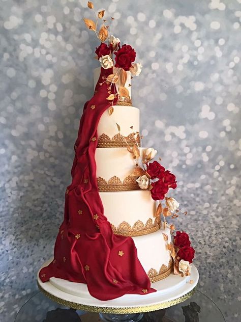 Red Gold And White Wedding Cake, Gold And Red Wedding Dress, Wedding Cake Red And Gold, Desi Wedding Cake, Wedding Cake Indian, Red And Gold Wedding Cake, Red And Gold Cake, 6 Tier Wedding Cakes, 5 Tier Wedding Cake