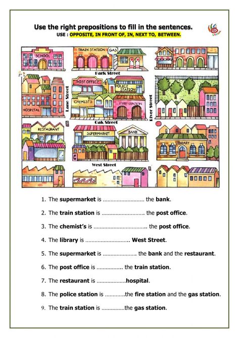 Prepositions and town - Interactive worksheet Prepositions Worksheet 4th Grade, Follow Directions Worksheet, Preposition Worksheets, Teach English To Kids, English Grammar For Kids, Reading Comprehension Kindergarten, English Language Course, Grammar For Kids, English Teaching Materials