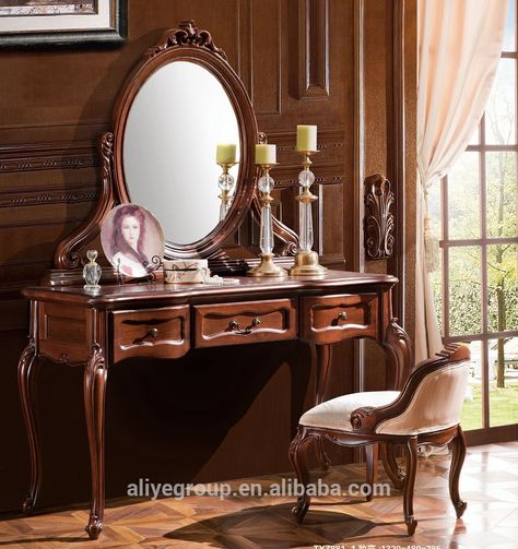 TYZD881-1-Antique dressing makeup table wooden dresser set drawer dressing table with mirror stool Antique Dressing Table With Mirror, Brown Dressing Table, Led Round Mirror, Antique Vanity Table, Dressing Table Antique, Dressing Table Mirror Design, Antique Dressing Table, Dressing Table Modern, French Furniture Bedroom