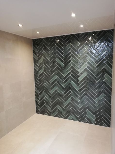 Green Herringbone Tile Bathroom, Poolside Bathroom, Herringbone Tile Bathroom, Dark Green Tile, Small Shower Room, Garage Guest House, Subway Tiles Bathroom, En Suite Shower Room, Bathroom Redesign