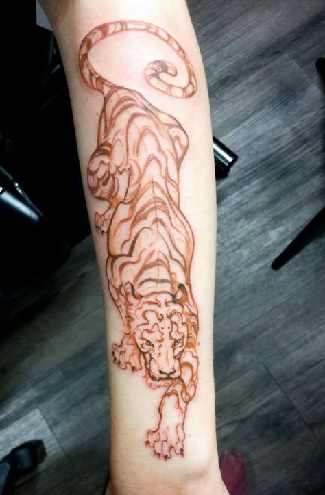 Tiger Tattoo With Background, Tiger Stripe Tattoo Arm, Full Tiger Tattoo, Orange Tiger Tattoo, Prowling Tiger Tattoo, Tiger Face Tattoo For Women, Tiger Forearm Tattoo Women, Climbing Tiger Tattoo, Thigh Tiger Tattoo