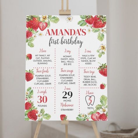 Celebrating Growth: First Birthday Milestone Sign Inspiration for Parents Berry First Birthday Photoshoot, Strawberry Theme First Birthday, First Birthday Milestone, Milestone Board, Strawberry Birthday, Strawberry Party, Birthday Milestone, Milestone Poster, Foto Baby