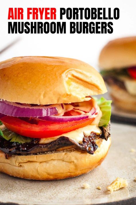 If you're looking for vegetarian burger ideas, you really can't go wrong with a great mushroom burger. And juicy, flavorful portobello mushroom burgers are a breeze to make in your air fryer! With a delicious garlicky marinade and melted cheese, these are so satisfying that no one will miss the meat. Easy to make vegan too. Mushroom Cap Burger, Portabella Mushroom Burger Air Fryer, Mushroom Smash Burger, Portobello Burger Recipe, Portabella Burger, Portabella Mushroom Burger, Eggplant Burger, Portobello Mushroom Burgers, Vegan Mushroom Burger