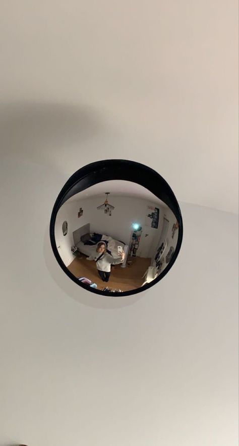 Convex Mirror Bedroom Aesthetic, Fisheye Mirror Bedroom, Convex Mirror Bedroom, Convex Mirror Aesthetic, Convex Mirror Selfie, Fisheye Mirror, Garage Mirror, Selfie Bedroom, Bedroom Y2k