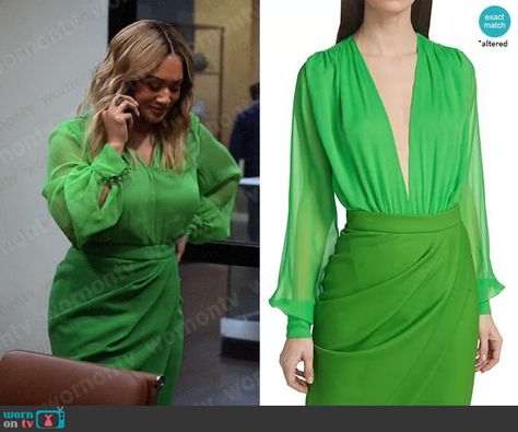 Fatima’s sheer green blouse and draped front skirt on Tyler Perrys Sistas. Outfit Details: https://wornontv.net/400246/ Sistas Tyler Perry Outfits, Sistas Tyler Perry, Sheer Green Blouse, Black Ruched Dress, Tyler Perry, Rib Knit Cardigan, V Neck Bodysuit, Green Blazer, Green Blouse