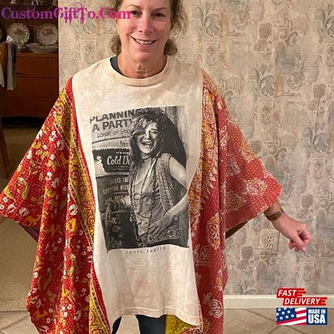 Upcycled Janis Joplin Tee With Vintage Kantha Quilt Poncho Tea Dyed Tee! One Size Fits All T-Shirt Classic Check more at https://customgiftto.com/product/upcycled-janis-joplin-tee-with-vintage-kantha-quilt-poncho-tea-dyed-tee-one-size-fits-all-t-shirt-classic/ Altered Clothing Refashioning, T Shirt Crafts Upcycling, Recycled Shirts Upcycling, Band Tee Upcycle, Upcycled Tshirt Ideas, Quilt Poncho, T Shirt Upcycle Refashion, Upcycled Fashion Refashioning, Upcycle Clothes Diy Refashioning