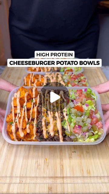 Jalal on Instagram: "High Protein Cheese Burger Potato Bowls! Only 493 Calories🍔🍟🧀  Tastes just like you’re eating a burger! One of the tastiest and easiest meal preps, high in protein and volume with low carbs and calories💪🏽🔥  Macros Per Serving (4 Servings Total)  493 Calories | 50g Protein | 37g Carbs | 15g Fat  Ingredients (To Make 4 Servings)  - 800g Raw Sweet Potatoes cut into small cubes - 1 Tsp Salt - 1 Tsp Black Pepper - 1 Tsp Garlic Powder - 1 Tsp Onion Powder - 1 Tsp Smoked Paprika - 2 Tsp Olive Oil  - 800g 5% Fat Ground Beef (I get mine from @saffron_alley ) - Season with Salt & Pepper on both sides - 30g Light Butter (for cooking + extra once cooked) - 80g Light Cheddar Cheese (use any cheese)  Special Sauce  - 100g Light Mayonnaise - 80g Reduced Sugar Ketchup - 20-30g Y High Protein Cheeseburger Bowl, High Protein Burger Bowl, High Protein Sweet Potato Recipes, Burger Bowl Meal Prep, Cheese Burger Bowl, Hamburger Bowls, Volume Eating Recipes, High Protein Cheese, High Volume Low Calorie Meals