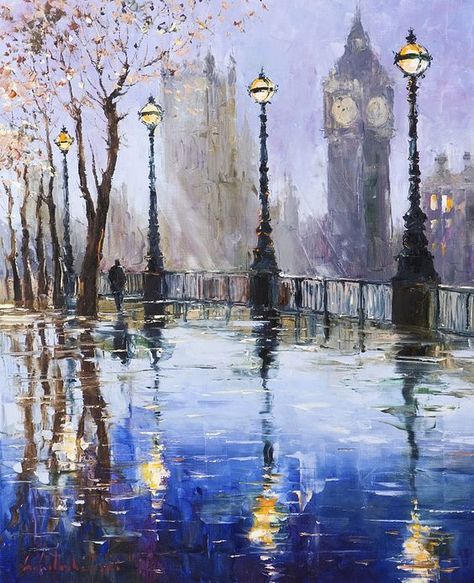 By the Thames London by Gleb Goloubetski,  Oil on Canvas, 80cmx65cm: 수채화 그림, Wow Art, River Thames, Painting Still Life, London Art, A Rainy Day, In The Rain, Summer House, Beautiful Paintings