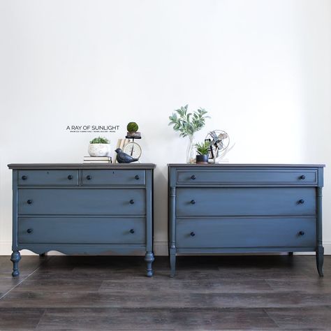 French Blue Dressers French Provincial Nightstand Makeover, Blue Dressers, Mismatched Nightstands, Best Paint For Wood, Best Paint Sprayer, Painted Outdoor Furniture, Weathered Wood Finish, French Dresser, Blue Dresser