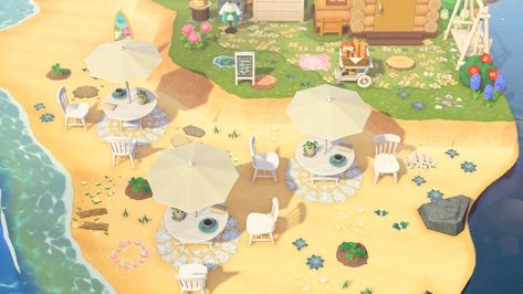 Acnh Beach Bonfire Ideas, Acnh Beach Cafe Ideas, Acnh Beachside Cafe, Animal Crossing Beach Cafe, Beach Decor Animal Crossing, Beach Cafe Acnh, Acnh Peninsula, Beach Bonfire Ideas, Acnh Buildings