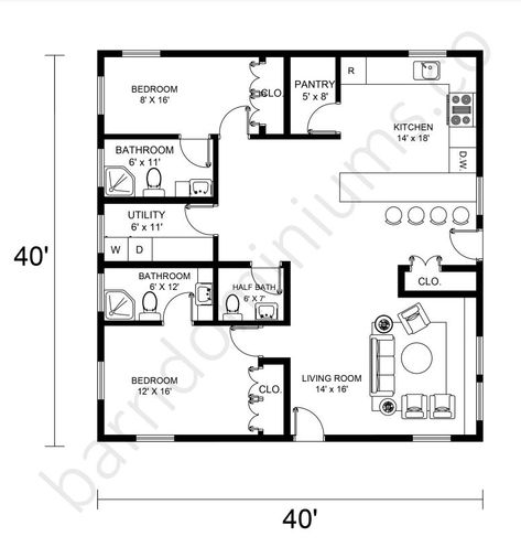 40x40 Barndominium Floor Plans - Barndominium Homes 40x40 Barndominium Floor Plans, 40x40 Barndominium, Barndominium Homes, 3 Bedroom Home Floor Plans, One Level House Plans, 3 Bedroom Floor Plan, Dwelling Place, Three Bedroom House Plan, Horse Barn Plans