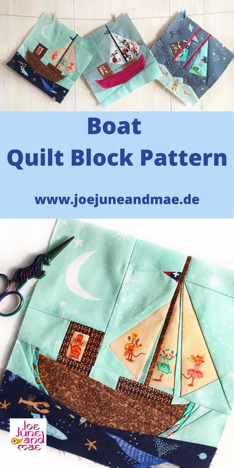 Such beautiful quilt block patterns for your modern DIY sewing ideas and projects, Foundation Paper Piecing patterns that are simple enough to make adorable nautical quilts and accessoires for your castal beach decor home.Check out these cute patterns. Boat Quilt Block, Beach Themed Quilts, Nautical Baby Quilt, Quilts Easy, Boat Quilt, Amish Quilt Patterns, Simple Boat, Amish Quilt, Nautical Quilt