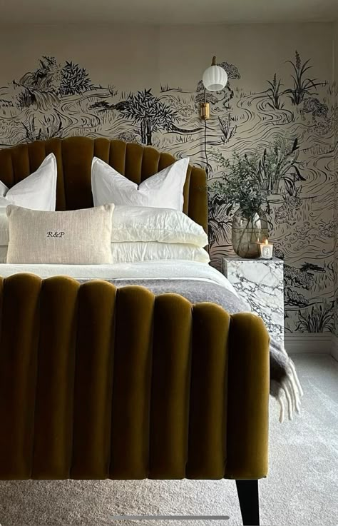 Dark Eclectic, Moody Romantic Bedroom, Olive Bedroom, Moody Bedroom Decor, Ink Wallpaper, Cozy Bedroom Ideas, Fabric Bed Frame, Moody Bedroom, Romantic Bedroom