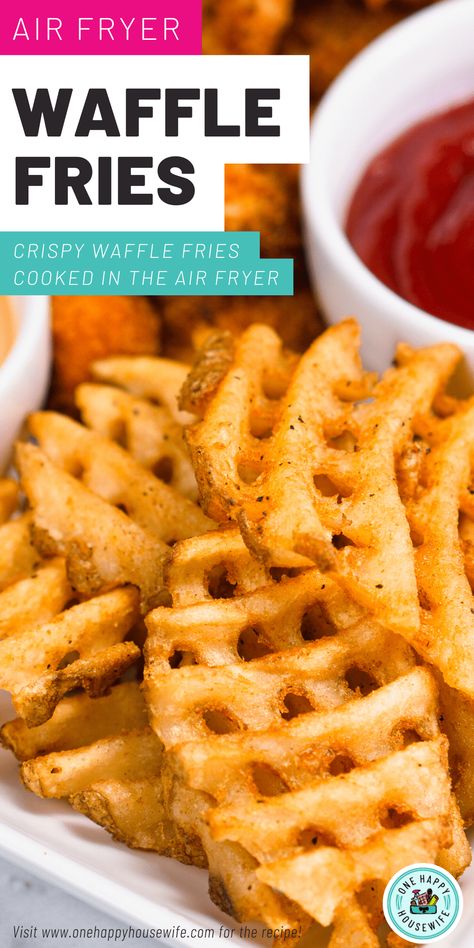 These Air Fryer Waffle fries are the perfect side dish for so many meals. They are ready in no time and require no prep. Your family will love them! #airfryer #wafflefries #easyrecipes via @onehappyhousewife Air Fryer Waffle Fries, Waffle Fries Recipe, How To Make Waffles, Crispy Waffle, Frozen Waffles, Waffle Fries, Happy Housewife, Fries Recipe, Easy Homemade Recipes