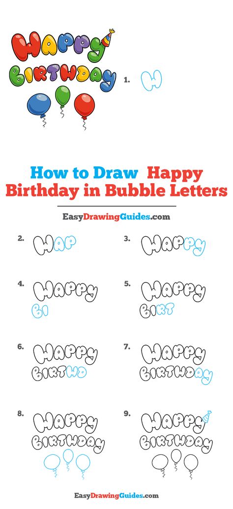 How to Draw Happy Birthday in Bubble Letters - Really Easy Drawing Tutorial How To Draw Bubbles Step By Step, Bubble Drawing Tutorials, How To Make Bubbles Drawing, How To Draw Bubble Letters Step By Step, How To Right Bubble Letters, Happy Birthday Drawings, Bubble Drawing, Birthday Doodle, Hand Doodles