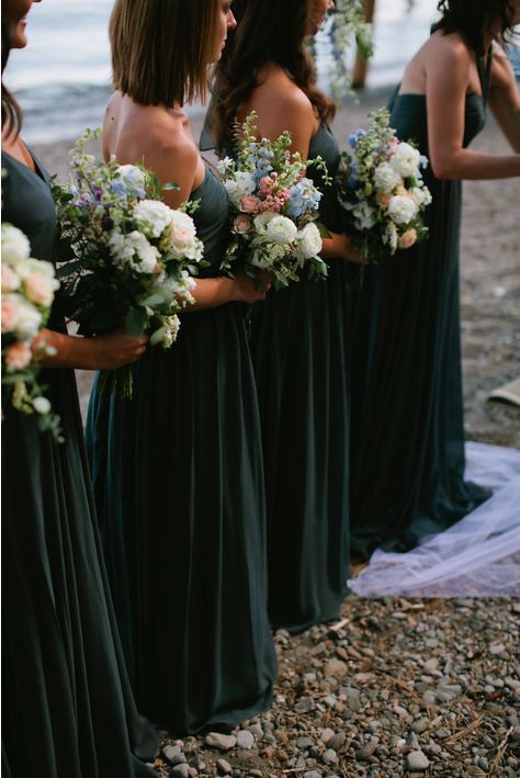 Loved these deep emerald green bridesmaids dresses with all of the blues and greens of Lake Tahoe! See more wedding inspiration at www.onefinedayevents.com #ofdevents Blue Green Bridesmaid Dresses, Emerald Green Bridesmaids, Rio Wedding, Green Bridesmaids Dresses, Emerald Green Bridesmaid Dresses, Deep Emerald Green, Emerald Green Weddings, Beautiful Bridesmaid Dresses, Blue Themed Wedding