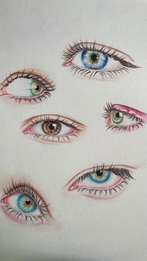 Eyes Drawing In Colour, Pencil Color Eye Drawing, Eye Drawing Colored Pencil, Eyes Drawing Color, Tired Eyes Sketch, Blur Drawing, Inspo Drawing, Art Notes, Pen Art Drawings