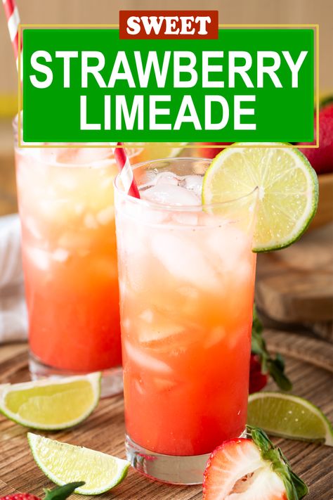 Two tall glasses of strawberry limeade drink. Strawberry Limeade, Lime Drinks, Strawberry Drinks, Pineapple Strawberry, Refreshing Drinks Recipes, Smoothie Drink Recipes, Sweet Tart, Natural Drinks, Summer Drink