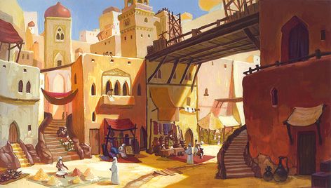 So if you couldn't guess, I've been working on backgrounds for Aladdin (in fact, the Arlington Children's Theatre production of Aladdin Jr!)... Arabian Marketplace, Arabian Background, Arabian Market, Aladdin Jr, Fantasy City, Food Table, Fantasy Setting, Fantasy Places, Fantasy Art Landscapes