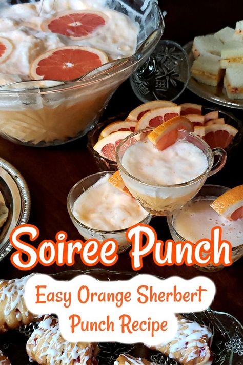 Easy Orange Sherbet Punch Recipe - This delicious party punch made with orange sherbet and ginger ale garnished with fresh orange slices is a classic. This easy punch recipe is also called "Soiree Punch" and is perfect for any gathering. It's non-alcoholic too, making it a perfect beverage for anyone. The sherbet punch can be served in a punch bowl or beverage dispenser. Classic Punch Recipe, Drink Dispenser Recipes, Orange Sherbet Punch, Easy Punch Recipe, Party Punch Alcohol, Alcoholic Party, Sherbet Punch Recipes, Thanksgiving Punch, Sherbet Punch