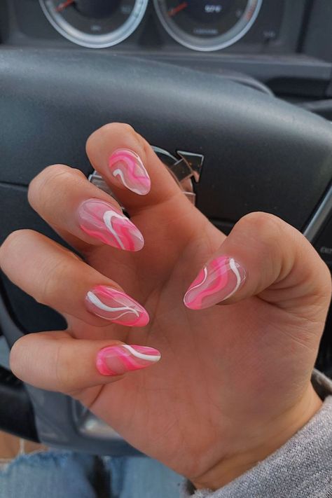 Pink wirl nails Swirly Nail Designs Pink, Pink Squiggle Nails, Crave Book, Formal Nails, Simple Acrylic Nails, Almond Acrylic Nails, Party Nails, Acrylic Nails Coffin Short, Summer Acrylic Nails