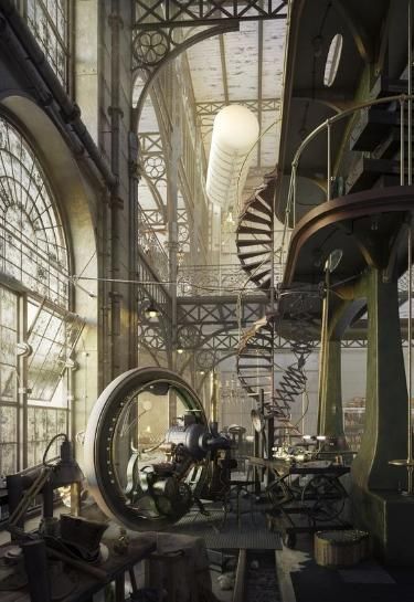 Ville Steampunk, Loft Living Space, Apartment Party, Steampunk Kunst, Steampunk City, Spiral Staircases, Steampunk Aesthetic, Engine House, Art Steampunk