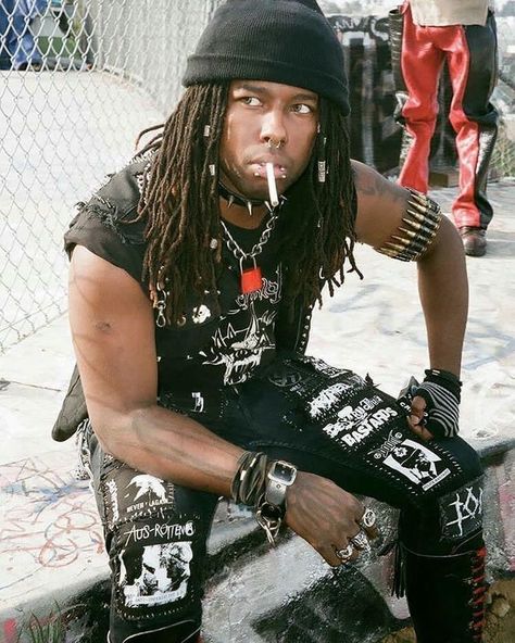 70s Punk Outfits Men, Black Punk Hairstyles Men, Punk Poses Male, Black Punk Outfits Men, Black Rocker Outfit, Afro Goth Male, Afropunk Men, Afro Punk Fashion Men, Alternative Mens Outfits