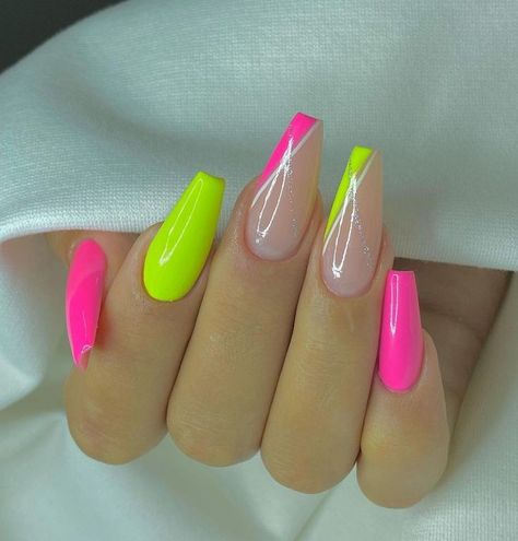 Neon Ballerina Nails, Stiletto Nails Short, Short Stiletto, Shape Nails, Finger Nails, Coffin Shape, Coffin Shape Nails, Ballerina Nails, Glow Party