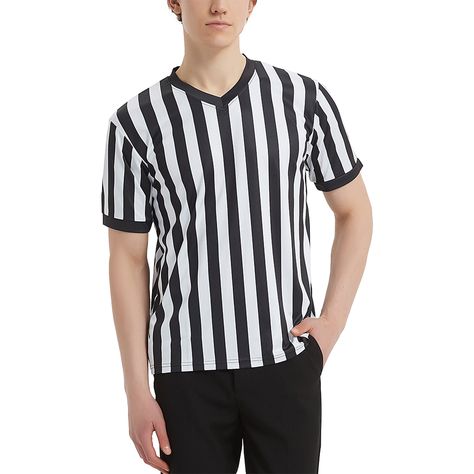 TOPTIE Sporting Goods Mens Referee Shirt Official V-Neck Black & White Stripe Jersey Referee Shirts, New Helmet, Striped Jersey, Football And Basketball, Black And White Stripes, Roller Derby, Black Panels, Professional Look, Sport Wear