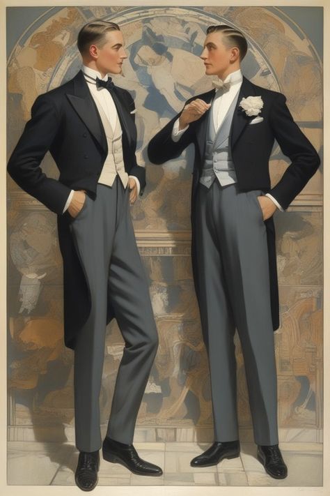 1920s Mens Evening Wear, Art Deco Suit Men, 1922 Mens Fashion, 1900 Character Design, English Gentleman Aesthetic, 1920 Fashion Male, 1920s Fashion Male, 1920s Male Fashion, Leyendecker Illustrations