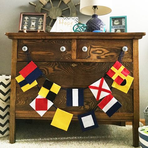 Custom Nautical Flag Banner Nautical Flag Alphabet, Nautical Alphabet, Grandma Ideas, Nautical Flag, Bunco Party, Nautical Flags, Flag Banners, Nautical Party, Toddler Bedroom