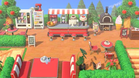 Outdoor Diner Acnh, Animal Crossing Retro Design, Acnh Behind Resident Services Design, Animal Crossing Diner Ideas, Normcore Animal Crossing, Animal Crossing Cafe Ideas Outdoor, Animal Crossing Cliff Ideas, Retro Animal Crossing, Acnh Diner Designs