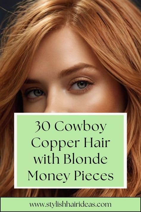 Elevate your hair game with these stunning cowboy copper hair looks featuring blonde money pieces. These hairstyles are perfect for adding dimension and drama to your hair. #BlondeMoneyPieces #CopperHairInspo #HairColorTrend Cowboy Copper Hair With Dimension, Blonde To Cowboy Copper, Cowboy Copper With Highlights, Cowboy Cooper, Medium Copper Blonde Hair, Hair With Blonde Money Pieces, Cowboy Copper Hair With Blonde, Copper Hair With Blonde Money Piece, Copper Hair With Blonde