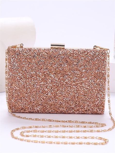 Rose Gold Glamorous   Polyester Plain Box Bag Embellished   Women Bags Rose Gold Purse, Sparkly Bag, Hand Bags For Women, Luxury Clutch, Gold Handbags, Rhinestone Decor, Box Bag, Evening Clutch, Ladies Party