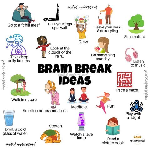 ADHD Understood on Instagram: “A few brain break & sensory break ideas✨✨✨ Hopefully you’ll have time for some rest & rejuvenation this weekend! ✨✨✨” Sensory Break Ideas, Mental Break Ideas, Sensory Rest, Brain Break Ideas, Future Therapist, Break Ideas, Sensory Ideas, Study Tips For Students, Mental Health Facts