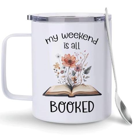 Book Club Gift Ideas, My Weekend Is All Booked, Gifts For Book Lovers, Bookclub Gifts, White Exterior, Favorite Novels, Mug With Lid, Gifts For Bookworms, Evening Tea