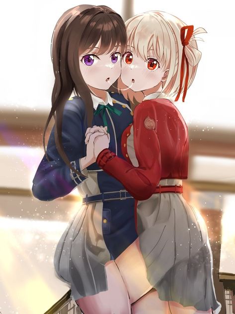 Interlocked Fingers, Inoue Takina, Nishikigi Chisato, Lycoris Recoil, Hair Ribbon, Hair Blonde, Purple Eyes, Red Eyes, Red Ribbon