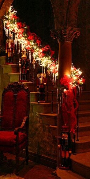 Christmas Christmas Stairs, Christmas Staircase, Christmas Tablescape, Christmas Time Is Here, Old Fashioned Christmas, Entry Hall, Victorian Christmas, Noel Christmas, Merry Little Christmas