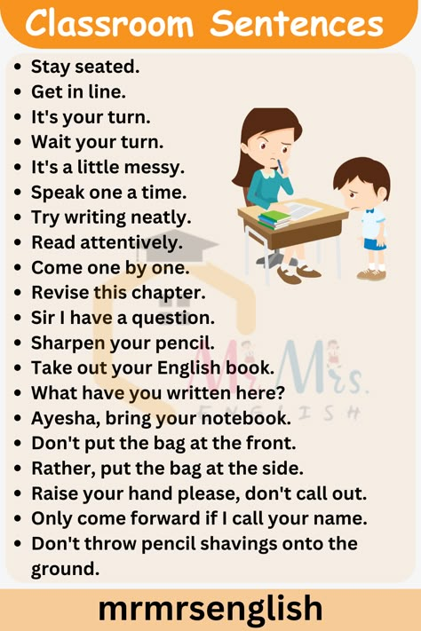 Classroom Sentences For Students, Classroom Sentences, Classroom Phrases, Learn English Kid, Classroom Commands, Classroom English, Sentences In English, English Conversation For Kids, English For Students