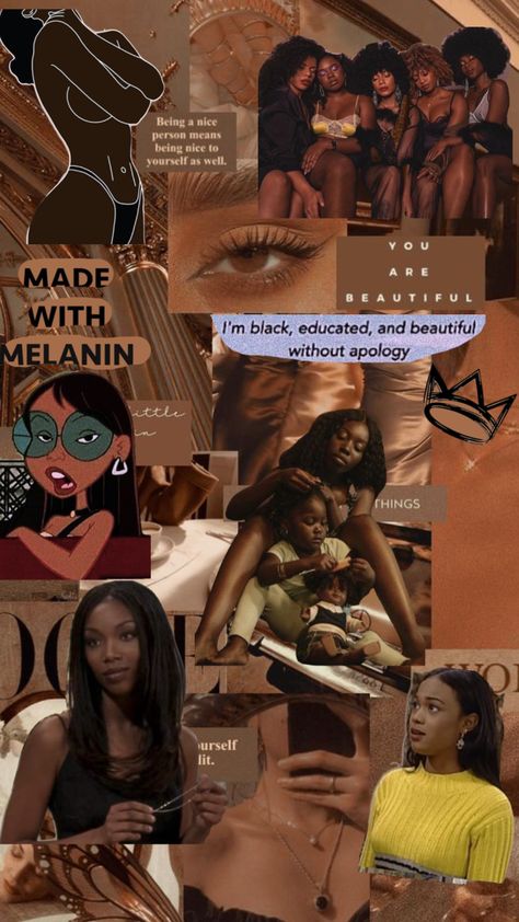 Brown Skin Wallpaper Aesthetic, Black Women Asthetics, Pieces Aesthetic, Melanin Wallpaper, Afrocentric Art Wallpaper, Black Beauty Aesthetic, Black Women Collage, African Aesthetic, Black Woman Collage