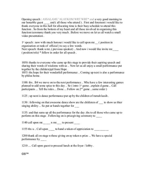 Opening speech : ASSALAMU’ALAYKOM WRT WBT* and a very good morning to  our honarble guest ____ and ( all those who attend ... Mc Wedding Script, Birthday Speech, Speech Script, Wedding Speech Examples, Reception Program, Js Prom, Anchoring Script, Speech Examples, Congratulations Wishes