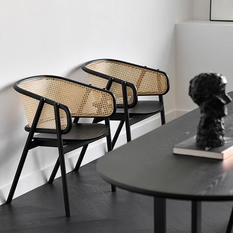 Black Japandi, Curved Back Dining Chair, Black Dining Chairs Modern, Chic Dining Chairs, Rattan Dining, Rattan Dining Chairs, Glam Look, Chair Types, Curved Back