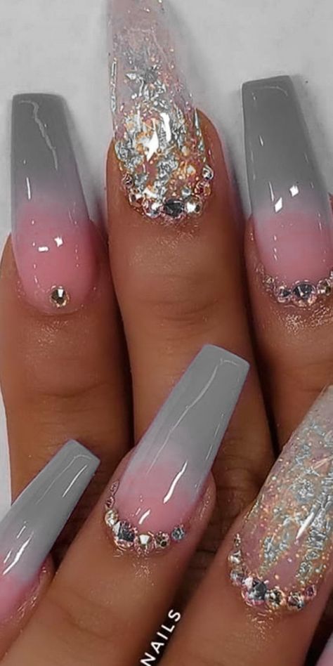 Gray And Silver Nails Acrylic, Grey Nail Designs With Rhinestones, Gray Nail Designs Fall, New Year’s Eve Acrylic Nails, Winter Ombre Nails Acrylic, January Nails Coffin, Gray And Pink Nails Ideas, Ombre Nail Art Designs Classy, January Acrylic Nail Ideas