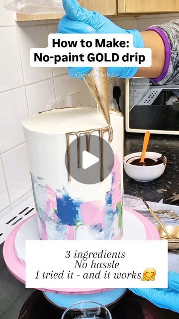 Carinestarbakes | Custom Wedding & Celebration Cakes on Instagram: "I tried it - it works!

Things I'll do better next time
- make the gold paint thicker i.e use less oil.
- run the drip away from the cake until the actual chocolate starts to flow. In my video the runoff at the bottom of the cake was because I didn't do this and piped the initial content of the bag on the cake which was mostly just the oil and gold dust with no chocolate. 
- my drips were not pretty because I was nervous about how this will turn out. Knowing what I know now - that this works, - my next gold drip will certainly not be all over the place like this one.
- the perfect shinny gold does run out and the colour of your chocolate will start to peek through in places after a while of pipping so do your best side of Gold Drip, Gold Dust, Do Better, Wedding Celebration, Do Your Best, Celebration Cakes, Gold Paint, Cake Designs, Celebrity Weddings