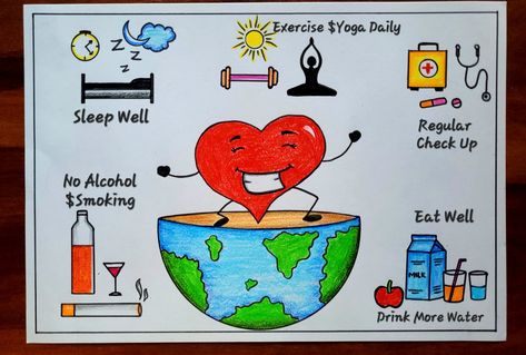 Video Tutorial uploaded on Amrita's_Artwork_333. Subscribe for more creative Drawings and School Projects.Health Day Drawing | World Health Day Poster Easy for kids | Stay Healthy Stay Safe Poster idea My Health My Right Poster Drawing, World Heart Day Poster Design Creative, Global Well Being Poster, World Heart Day Poster Design Idea, Posters About Health, Good Health And Well Being Drawing, Health And Hygiene Drawing, Health Related Posters, World Heart Day Poster Design