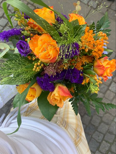 Pastel Purple And Orange Aesthetic, Purple Green Orange Aesthetic, Purple Green And Orange Aesthetic, Purple And Orange Flower Arrangements, Orange And Purple Party, Green And Violet Aesthetic, Scooby Doo Wedding, Purple Orange Bouquet, Lorax Wedding