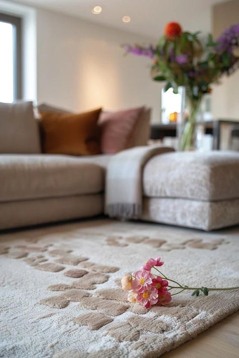 How To Position Rug Under Sectional: Completing The Look Rug Size For Sectional Couch, Rug Under Sectional, Rug Layout, Sofa Placement, Rugs Layout, Center Rugs, Dorm Room Wall Art, Deck Dining, Rug Placement