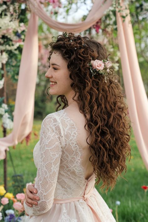 Elevate your bridal look with this breathtaking hairstyle designed specifically for curly hair. Embrace your natural texture as soft, cascading curls frame your face, creating a romantic and ethereal vibe. This stylish updo combines elegance and charm, making it a perfect choice for brides who want to highlight their beautiful curls. Discover the magic of wedding hairstyles that celebrate your unique beauty! #weddinghairstyles #curlyhair #bridalhairstyles Flower Crown Hairstyle Curly Hair, Bridal Hair Half Up Natural Curls, Curly Floral Wedding Hair, Loose Curly Wedding Hair, Curled Hair With Flowers, Floral Wedding Hair Half Up, Curly Wedding Hair With Flowers, Curly Hair With Flower Crown, Wedding Hairstyles For Naturally Curly Hair